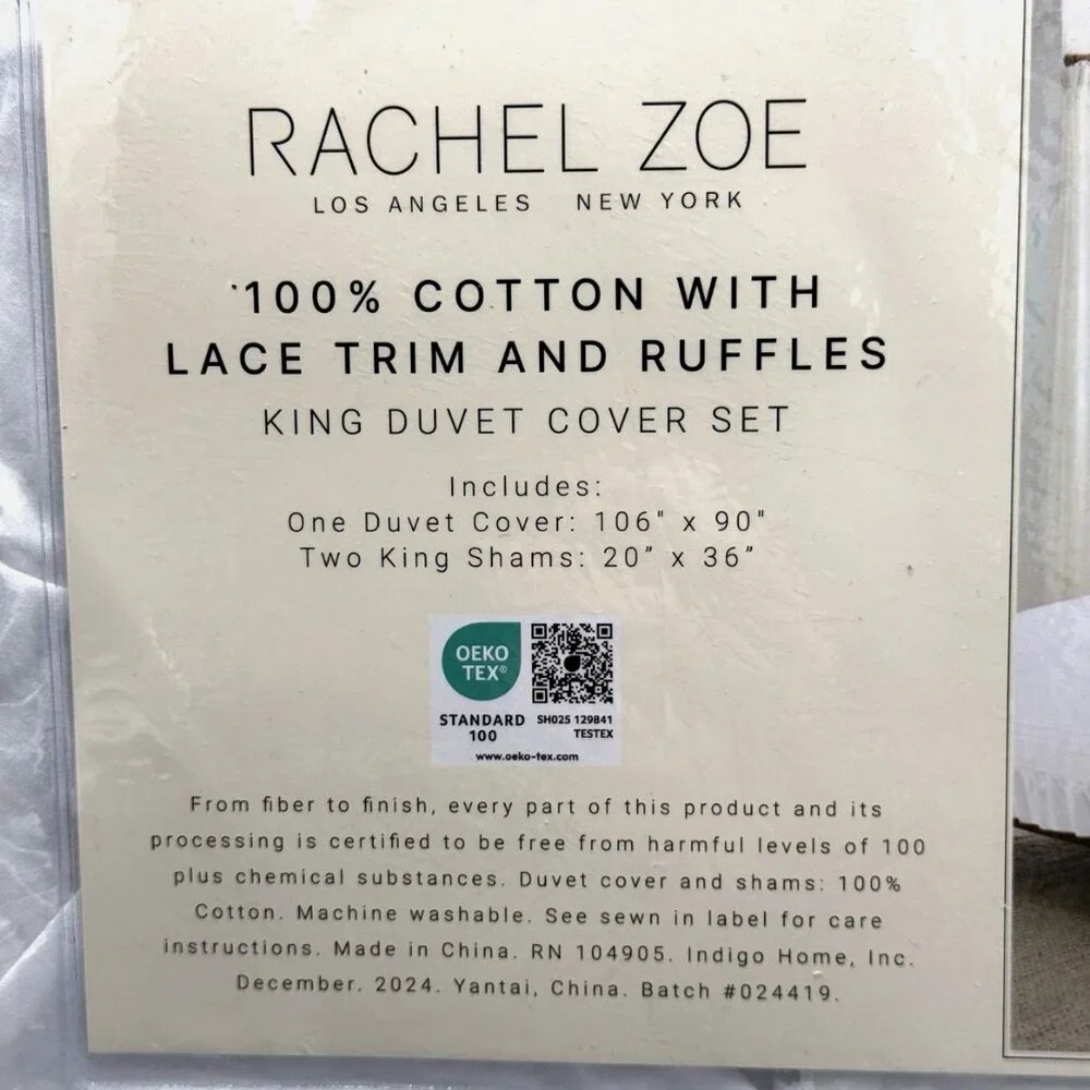 3pc Rachel Zoe White Ruffle Eyelet Lace KING Duvet Cover Sham Set Cotton Cottage